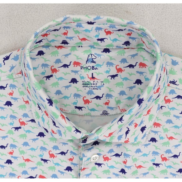 Rhoback The Jurassic Polo Shirt Large Multicolor Dinosaur AOP Performance Golf - Picture 7 of 12